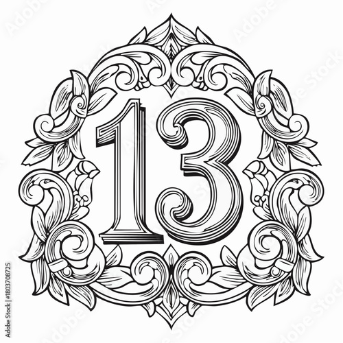 Number 13 with 3d bevel classic ornaments, engraving, and lino cut style illustration