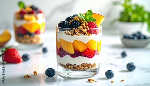 A close-up shot of a layered fruit and yogurt parfait in a glass, topped with granola, berries, and a mint leaf, with other parfaits and fresh fruit in the back