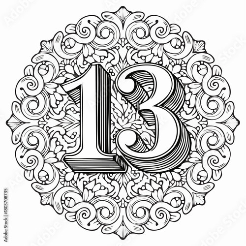 Number 13 with 3d bevel classic ornaments, engraving, and lino cut style illustration