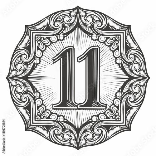 Number 11 with 3d bevel classic ornaments, engraving, and lino cut style illustration