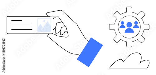 Hand holding a card with a photo and text. Nearby, a gear with people icon and a cloud. Ideal for management, identity, teamwork, networking, data storage, innovation simple flat metaphor