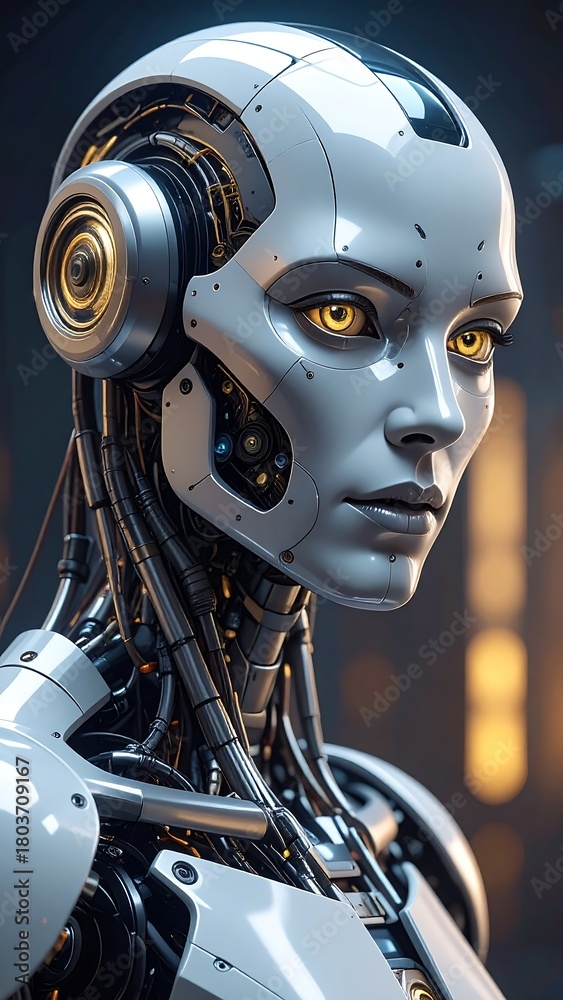 Fototapeta premium Close-up of a futuristic android with sleek white metallic design
