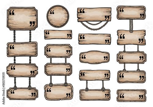 Collection of rustic wooden signs with quotation marks, ideal for displaying messages, quotes, or adding a charming, weathered design accent for various projects