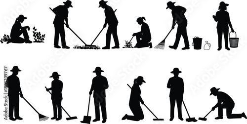 Diverse Gardeners Silhouettes Engaged in Various Gardening Activities: Raking, Weeding, Planting, Sweeping - CAD Drawing Flat Vector Illustration