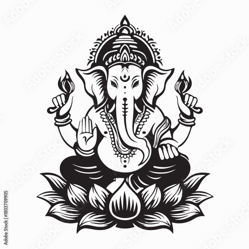 Ganesha Lotus Pose Logo Illustration Vector on white background