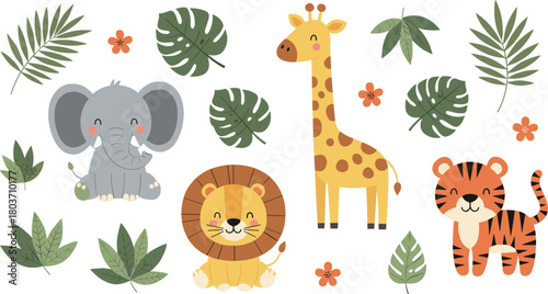 Cute jungle animals cartoon illustration, elephant, lion, giraffe, tiger with tropical leaves and flowers, adorable wildlife vector, children design art