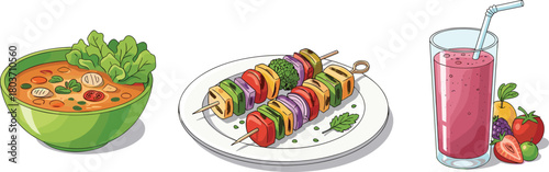 Healthy food set with vegetable soup, grilled veggie skewers, and fruit smoothie isolated on white background for nutrition design