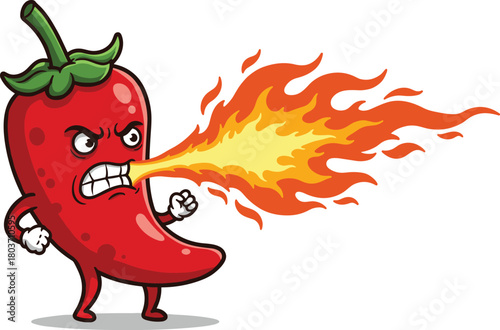 Furious Red Chili Pepper Cartoon Character Breathing Intense Fire, Spicy Food Mascot, Hot Sauce Ingredient - CAD Drawing Flat Vector Illustration