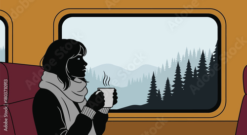 Woman enjoying scenic winter landscape while riding train with coffee