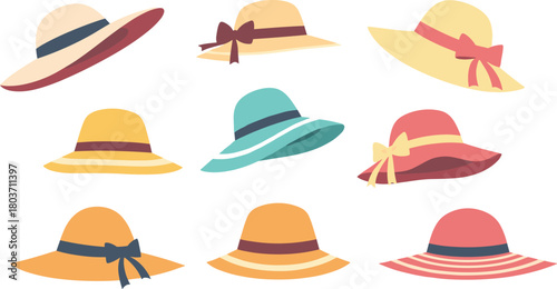 Set of nine stylish wide-brimmed sun hats with bows and bands in assorted colors, perfect for summer fashion accessories