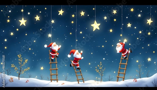 Whimsical storybook illustration showing playful mini Santas climbing ladders to hang glowing stars in a magical night sky for cheerful Christmas artwork