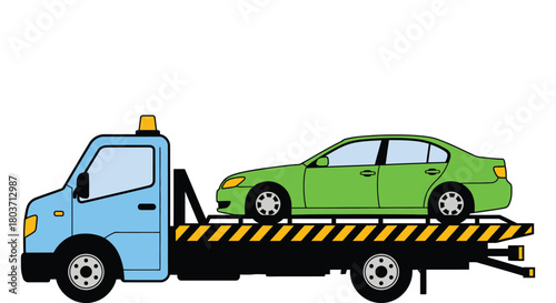 Tow truck transporting green car for roadside assistance services