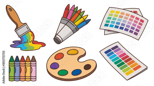 Art supplies vector illustration featuring crayons paint brush and color palettes perfect for creative projects and design elements