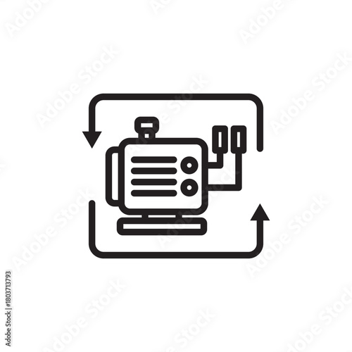 Feedback Loop icon symbolizing continuous improvement and process monitoring. Features machinery within a cycle arrow, representing data flow, system control, and iterative optimization in industrial.