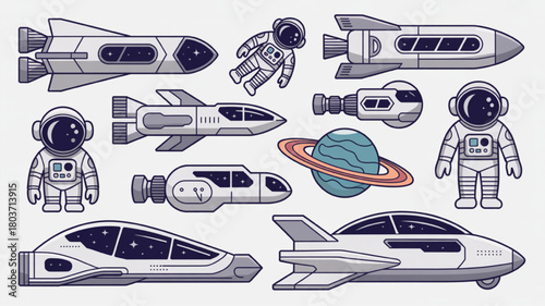 Set of space exploration icons vector illustration of rockets astronauts and planets isolated on white background