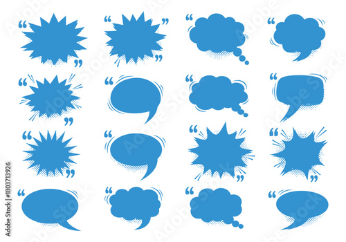 A diverse collection of blue speech bubbles, thought clouds, and quote boxes in a hand-drawn style, isolated on a white background