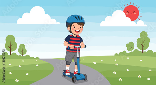 Cartoon child riding blue scooter outdoors with helmet, smiling boy on path through grassy field under sunny sky illustration