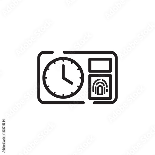 Time and Attendance icon symbolizing workforce management and tracking. Features a clock and a biometric (fingerprint) scanner, representing accurate timekeeping, labor records, and compliance.