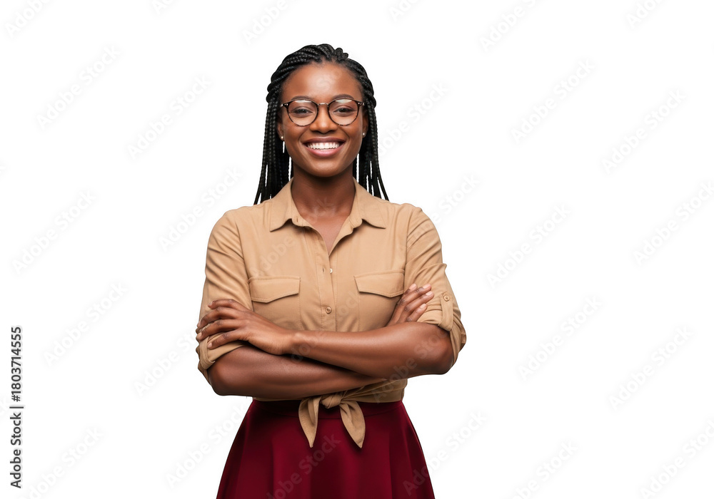 Naklejka premium Smiling young african american woman with braided hair wearing glasses and a tan shirt with arms crossed isolated on transparent background