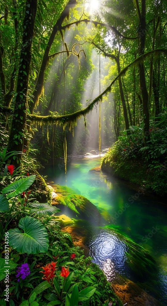 Obraz premium Sunlight streams through lush green jungle canopy onto a vibrant turquoise river.