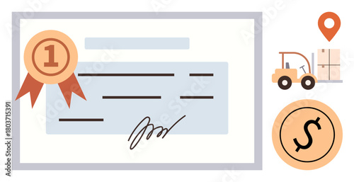 Certificate with ribbon and signature, forklift moving packages, location pin, dollar coin. Ideal for achievement, certification, logistics, finances, recognition business success simple flat