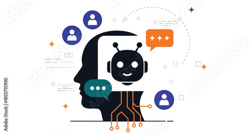 Modern digital chatbot concept with head silhouette and message icons