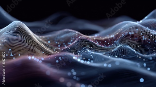 Flowing waves of digital light create a mesmerizing pattern of colors and shapes against a dark background during an artistic visualization