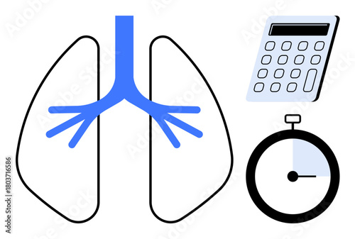 Lungs with blue trachea next to calculator and stopwatch. Ideal for health analysis, respiratory care, medical tracking, fitness performance, diagnostics, time efficiency, and data measurement