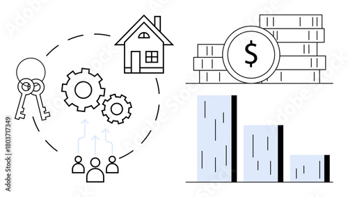House, keys, arrows, money stack, gears, chart represent property investment, team collaboration, planning growth finance economy business. Ideal for strategy investing education real estate
