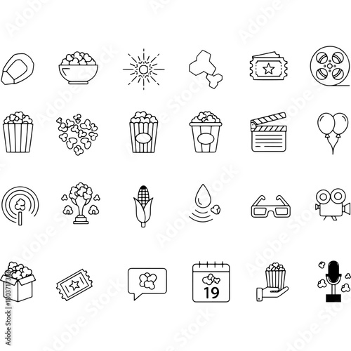 Outline icons for cinema, movie night, film industry, entertainment, popcorn, tickets, 3d glasses, and film reel collection. Vector