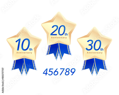 星型メダルと青いリボン付きの周年記念エンブレムセット (10周年・20周年・30周年)豪華な星型アニバーサリーロゴ