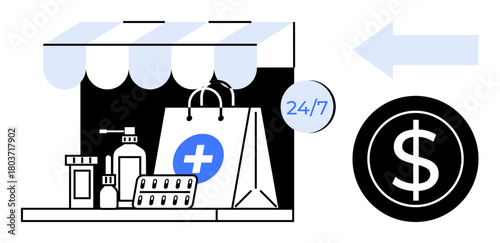 Pharmacy storefront with medications, shopping bag featuring healthcare cross, 247 badge, arrow, and dollar icon. Ideal for healthcare, e-commerce, convenience, online shop accessibility pharmacy