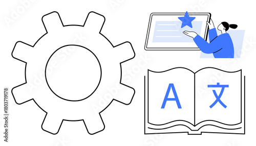 Gear representing customization, open book with multilingual text, and person engaging with a learning interface. Ideal for education, language, customization, instruction, e-learning, translation