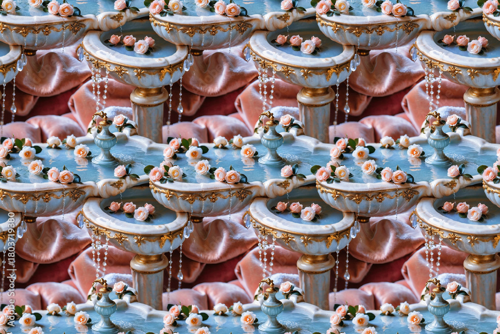 Fototapeta premium Charming seamless pattern with gold accents, floral elements, leaves, and pearls. Sophisticated background for design, textiles, apparel, packaging