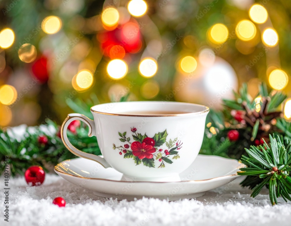 Fototapeta premium Vintage Floral Teacup in a Cozy Christmas Setting