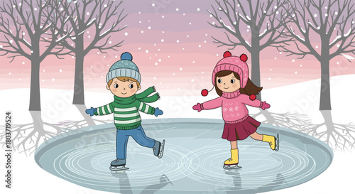 Cartoon illustration of two children ice skating on frozen pond in snowy winter landscape with trees and falling snowflakes