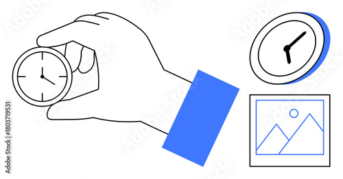 Hand gripping small clock, wall clock, landscape frame emphasizes balance, time tracking, organization. Ideal for productivity, efficiency, time value, deadlines workflow prioritization simple