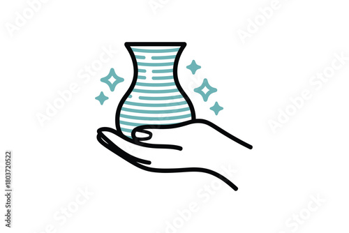 Hand holding a clean vase simple line art vector icon for cleaning services and home care isolated on white background