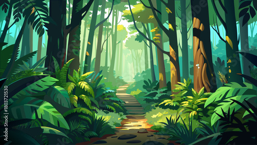 Sunlit tropical forest path surrounded by giant ferns and towering trees, rich green tones and soft atmospheric glow, ultra-detailed natural environment