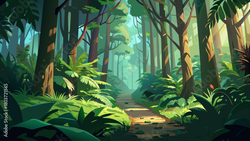 Sunlit tropical forest path surrounded by giant ferns and towering trees, rich green tones and soft atmospheric glow, ultra-detailed natural environment