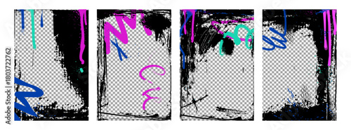 Urban graffiti frame collection with black paint borders, pink, green and blue spray strokes for street art designs or posters. Distressed rectangular templates with drips. Modern edgy background set.