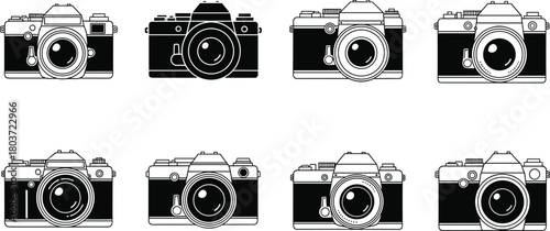 Vintage Retro Cameras Illustration Set Classic Film Photography Equipment Sketches in Monochrome for Creative Design Projects