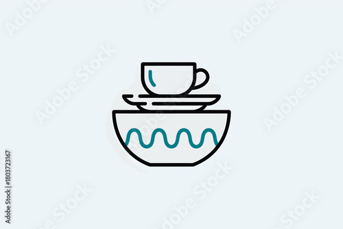 Stack of kitchenware including a bowl plates and a cup simple line art vector icon for food and drink concepts isolated on white