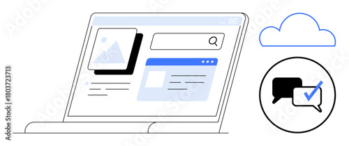 Laptop screen displaying search bar, image, and information panels with speech bubbles and cloud icon. Ideal for cloud computing, networking, collaboration, research, technology, communication