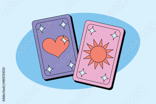 Two tarot cards with heart and sun symbols simple vector illustration for mystical guidance isolated on light blue background