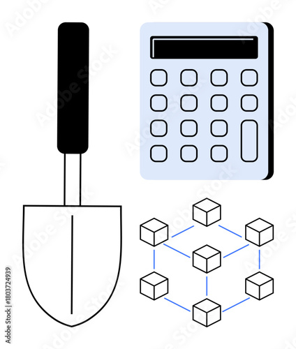 Trowel, calculator, and interconnected cube blocks representing cryptocurrency mining, technology, and computation. Ideal for blockchain, digital economy, mining processes, innovation finance data
