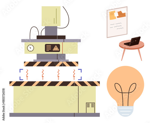 Industrial equipment with safety indicators, table with laptop, wall board and conceptual lightbulb. Ideal for innovation, productivity, machine safety, industrial design, brainstorming, technology