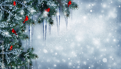 Festive winter holiday background with red cardinal birds perched on a snow-covered evergreen branch with hanging icicles