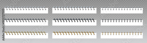 Collection of spiral binders for notebooks isolated on transparent background. Vector realistic illustration of metallic, golden, black rings on edge of paper notepad, calendar or sketchbook bind