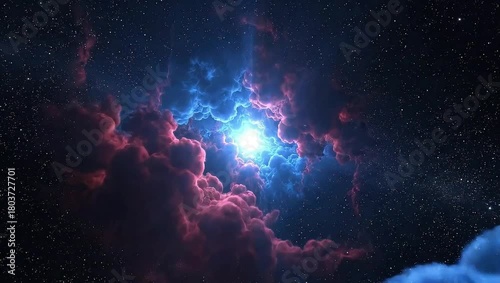 Cosmic Nebula with Blue and Red Clouds Radiating from Bright Star

